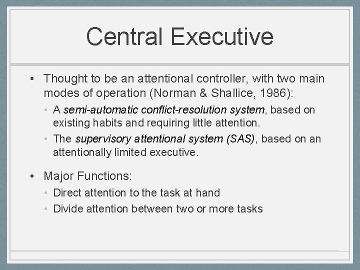 Central Executive • Thought to be an attentional controller, with two main modes of