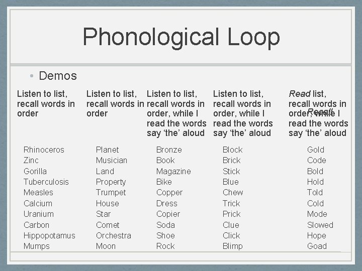 Phonological Loop • Demos Listen to list, recall words in order Rhinoceros Zinc Gorilla