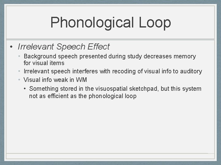 Phonological Loop • Irrelevant Speech Effect • Background speech presented during study decreases memory