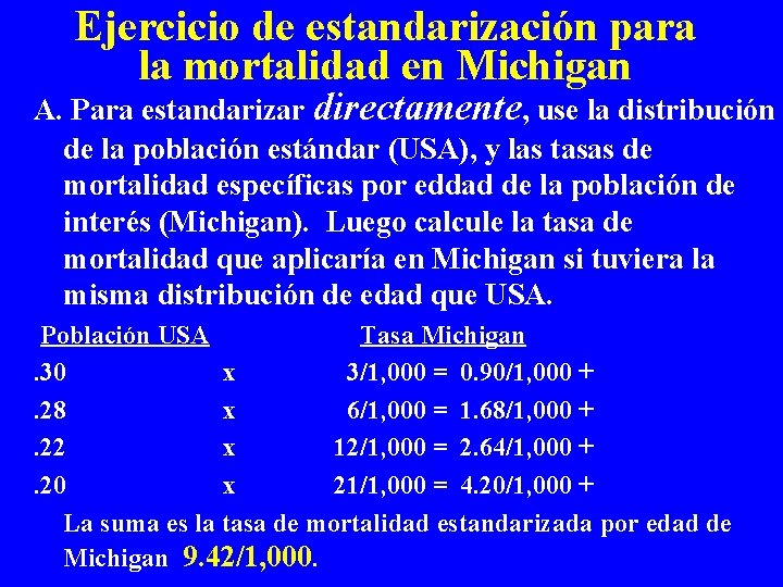 Ejercicio de estandarización para la mortalidad en Michigan A. Para estandarizar directamente, use la