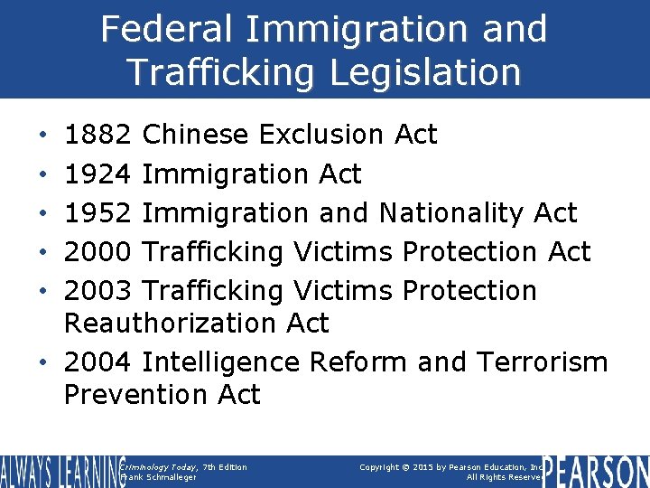 Federal Immigration and Trafficking Legislation 1882 Chinese Exclusion Act 1924 Immigration Act 1952 Immigration Federal Immigration and Trafficking Legislation 1882 Chinese Exclusion Act 1924 Immigration Act 1952 Immigration