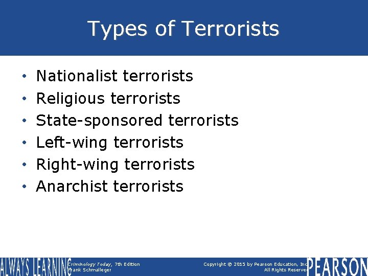 Types of Terrorists • • • Nationalist terrorists Religious terrorists State-sponsored terrorists Left-wing terrorists Types of Terrorists • • • Nationalist terrorists Religious terrorists State-sponsored terrorists Left-wing terrorists