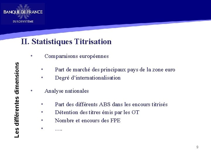 II. Statistiques Titrisation Les différentes dimensions • Comparaisons européennes • • • Part de