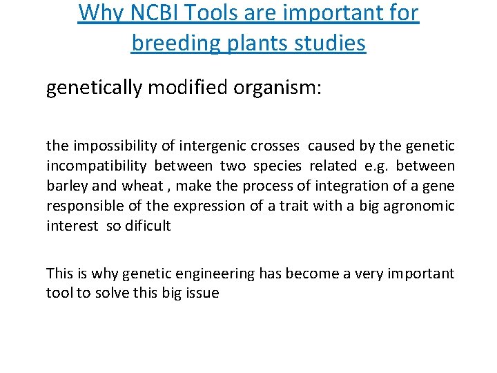 Why NCBI Tools are important for breeding plants studies genetically modified organism: the impossibility