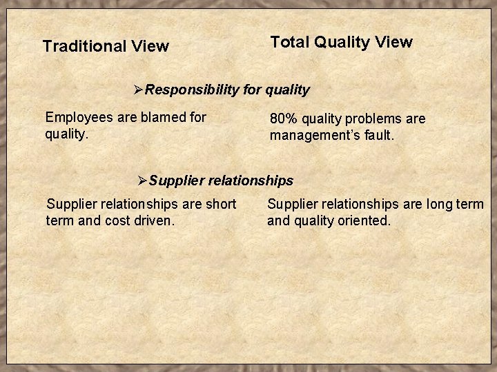 Traditional View Total Quality View ØResponsibility for quality Employees are blamed for quality. 80%