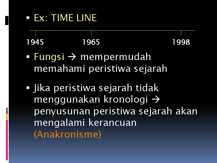  Ex: TIME LINE 1945 1965 1998 Fungsi mempermudah memahami peristiwa sejarah Jika peristiwa