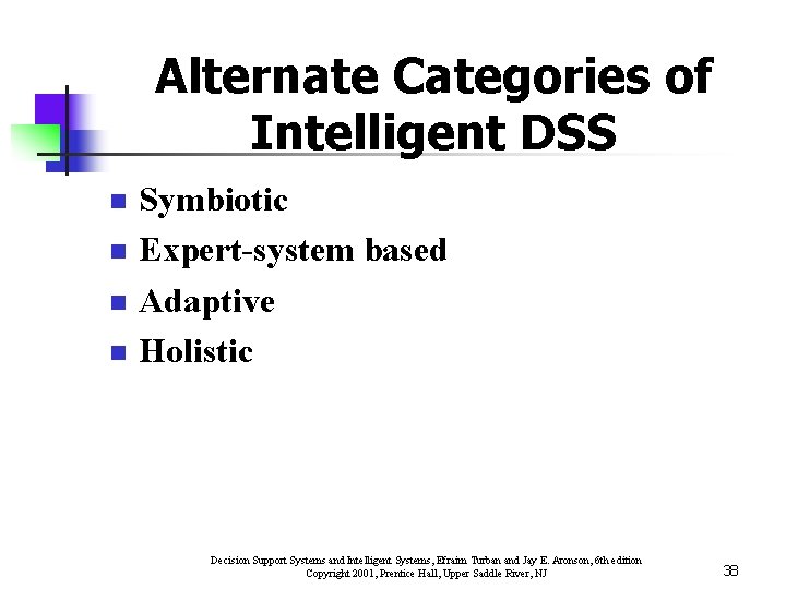 Alternate Categories of Intelligent DSS n n Symbiotic Expert-system based Adaptive Holistic Decision Support