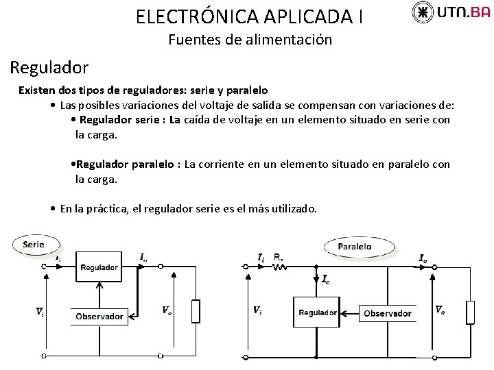 ELECTRÓNICA APLICADA I Fuentes de alimentación Regulador Existen dos tipos de reguladores: serie y
