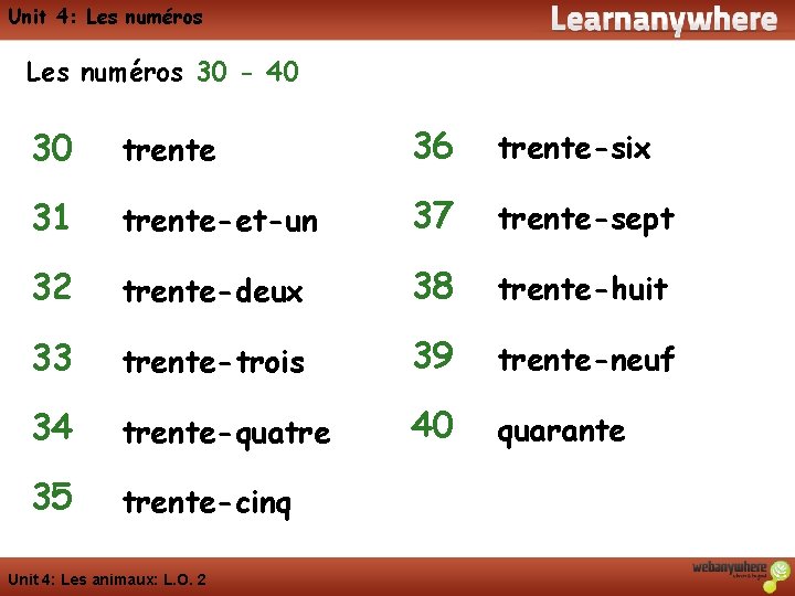 Unit 4: Les numéros 30 - 40 30 trente 36 trente-six 31 trente-et-un 37