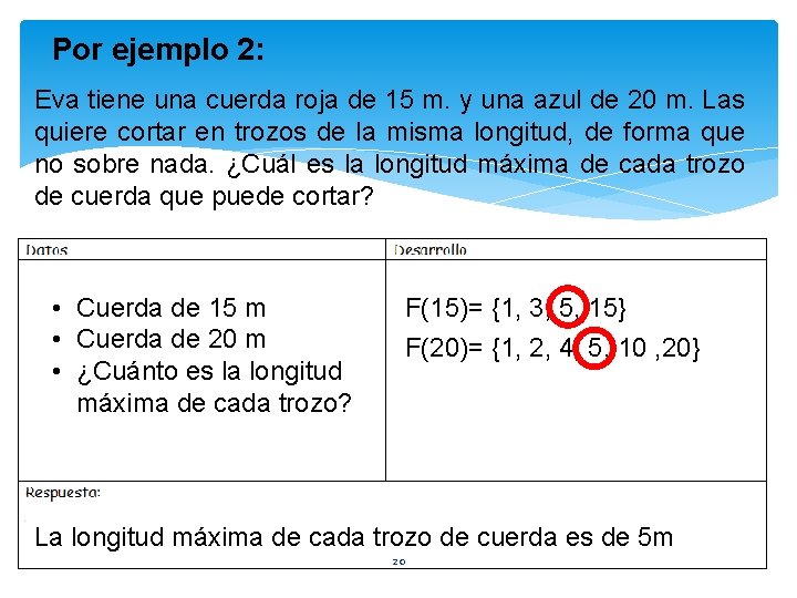 Por ejemplo 2: Eva tiene una cuerda roja de 15 m. y una azul