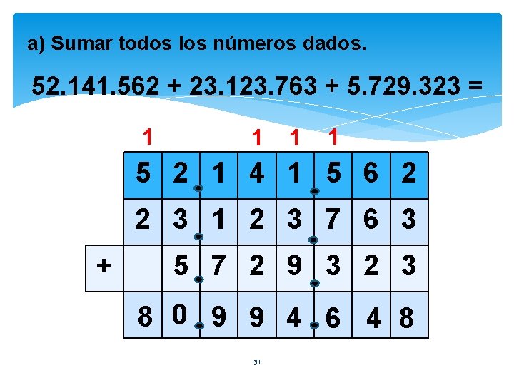 a) Sumar todos los números dados. 52. 141. 562 + 23. 123. 763 +