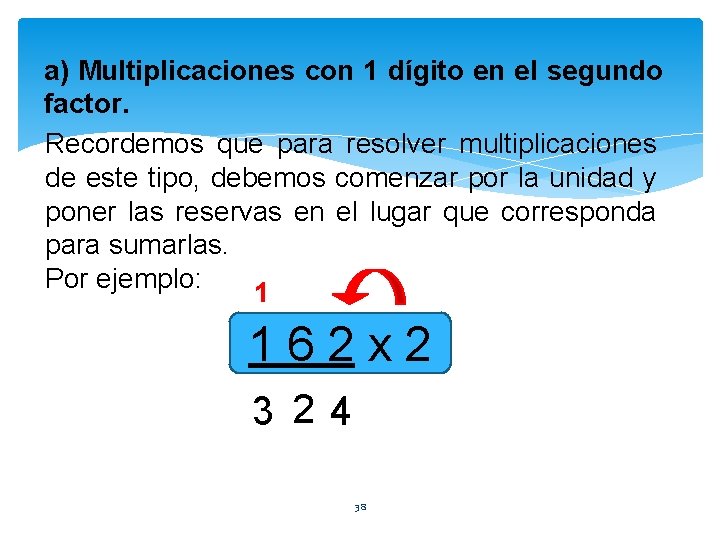 a) Multiplicaciones con 1 dígito en el segundo factor. Recordemos que para resolver multiplicaciones