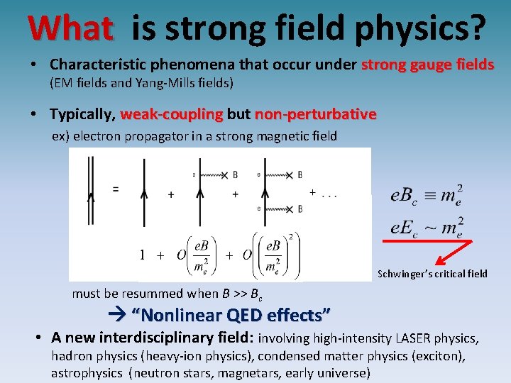 What is strong field physics? • Characteristic phenomena that occur under strong gauge fields