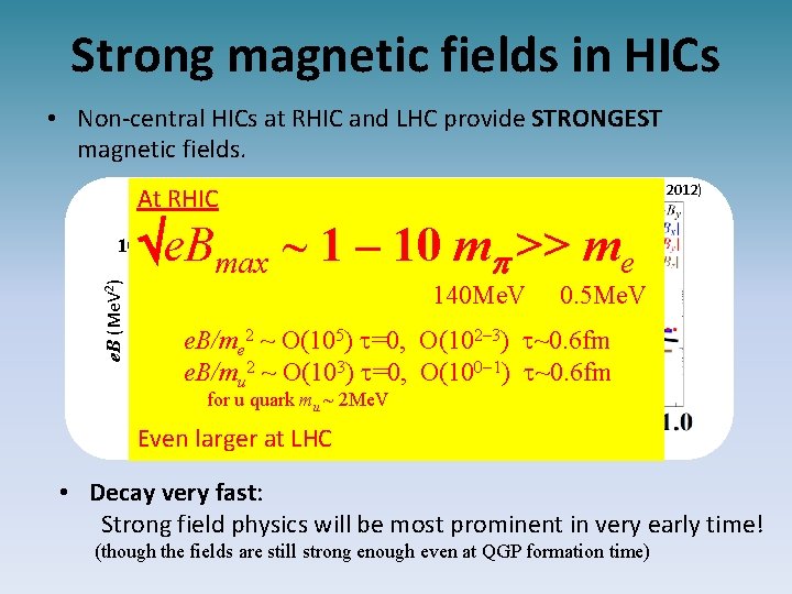 Strong magnetic fields in HICs • Non-central HICs at RHIC and LHC provide STRONGEST