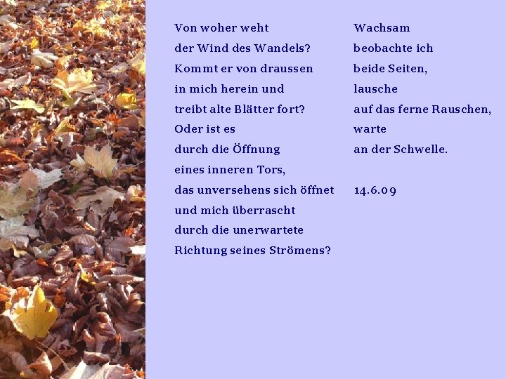 Von woher weht Wachsam der Wind des Wandels? beobachte ich Kommt er von draussen Von woher weht Wachsam der Wind des Wandels? beobachte ich Kommt er von draussen