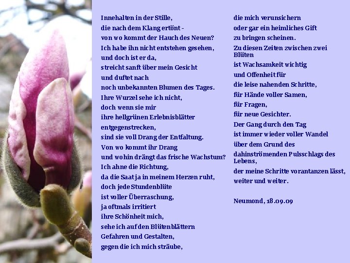 Innehalten in der Stille, die mich verunsichern die nach dem Klang ertönt - oder Innehalten in der Stille, die mich verunsichern die nach dem Klang ertönt - oder