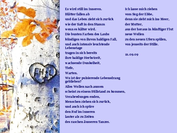 Es wird still im Inneren. Ich lasse mich ziehen Blätter fallen ab vom Sog Es wird still im Inneren. Ich lasse mich ziehen Blätter fallen ab vom Sog