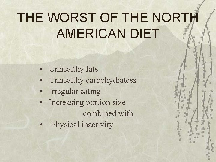 THE WORST OF THE NORTH AMERICAN DIET • • Unhealthy fats Unhealthy carbohydratess Irregular