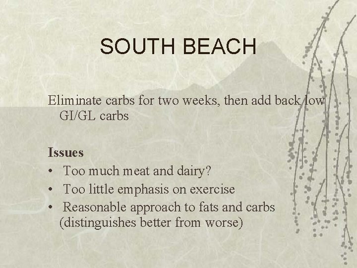 SOUTH BEACH Eliminate carbs for two weeks, then add back low GI/GL carbs Issues