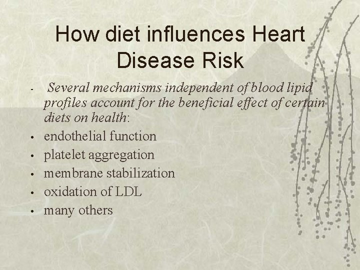 How diet influences Heart Disease Risk - • • • Several mechanisms independent of