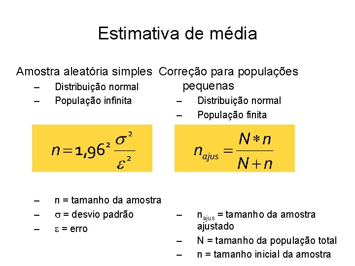 Estimativa de média Amostra aleatória simples Correção para populações pequenas – Distribuição normal –