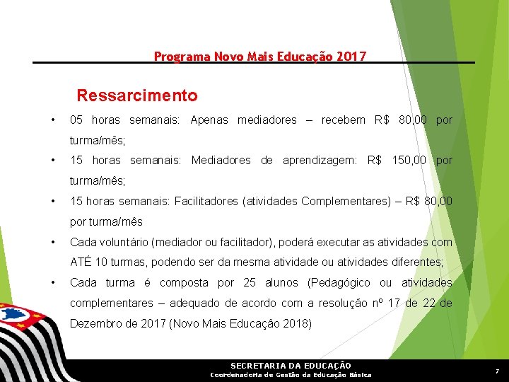 Programa Novo Mais Educação 2017 Ressarcimento • 05 horas semanais: Apenas mediadores – recebem