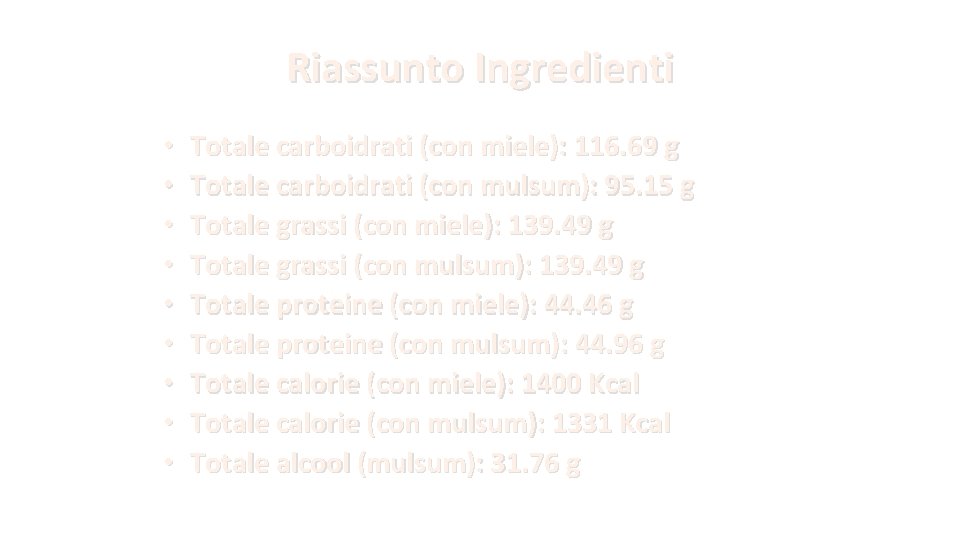 Riassunto Ingredienti • • • Totale carboidrati (con miele): 116. 69 g Totale carboidrati
