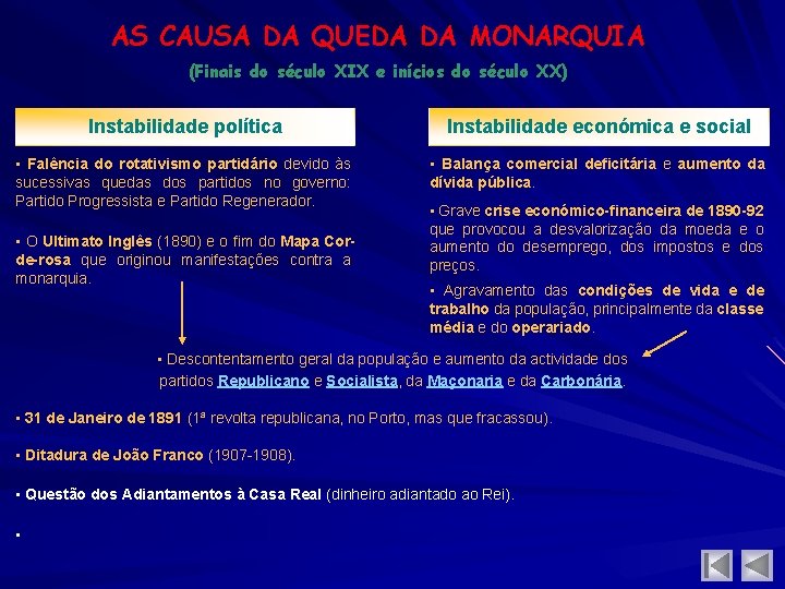 AS CAUSA DA QUEDA DA MONARQUIA (Finais do século XIX e inícios do século