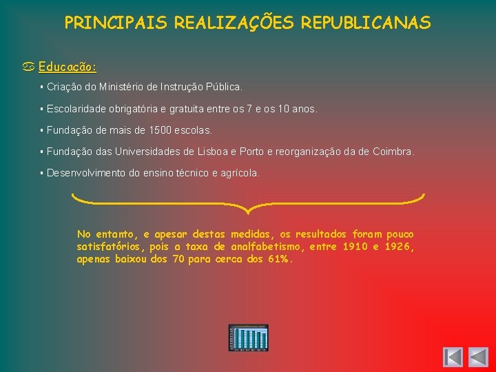 PRINCIPAIS REALIZAÇÕES REPUBLICANAS Educação: ▪ Criação do Ministério de Instrução Pública. ▪ Escolaridade obrigatória