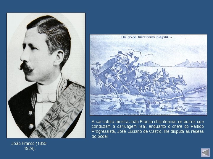 A caricatura mostra João Franco chicoteando os burros que conduzem a carruagem real, enquanto