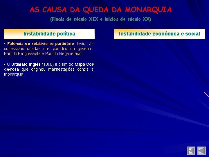 AS CAUSA DA QUEDA DA MONARQUIA (Finais do século XIX e inícios do século