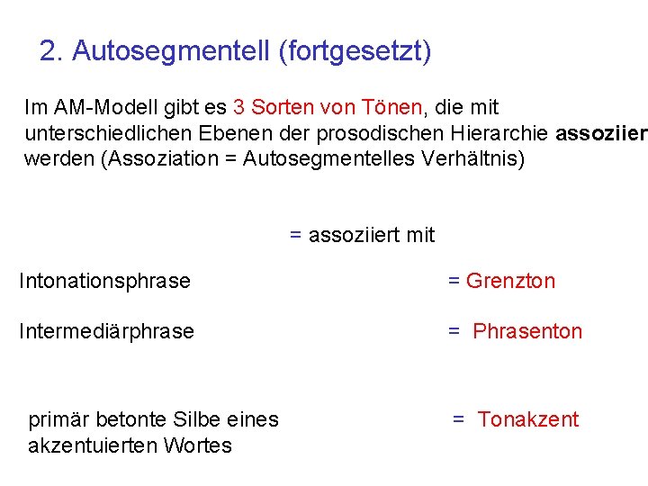 2. Autosegmentell (fortgesetzt) Im AM-Modell gibt es 3 Sorten von Tönen, die mit unterschiedlichen