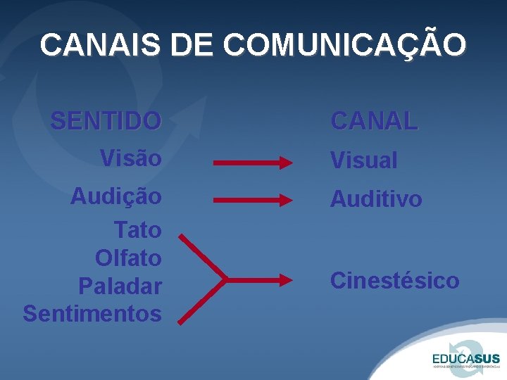 CANAIS DE COMUNICAÇÃO SENTIDO Visão Audição Tato Olfato Paladar Sentimentos CANAL Visual Auditivo Cinestésico CANAIS DE COMUNICAÇÃO SENTIDO Visão Audição Tato Olfato Paladar Sentimentos CANAL Visual Auditivo Cinestésico