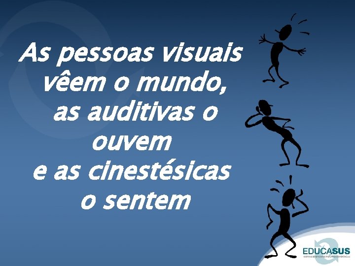 As pessoas visuais vêem o mundo, as auditivas o ouvem e as cinestésicas o As pessoas visuais vêem o mundo, as auditivas o ouvem e as cinestésicas o