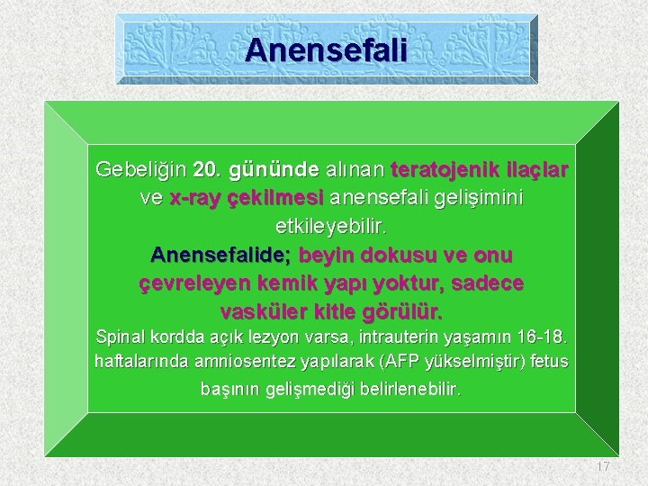 Anensefali Gebeliğin 20. gününde alınan teratojenik ilaçlar ve x-ray çekilmesi anensefali gelişimini etkileyebilir. Anensefalide;