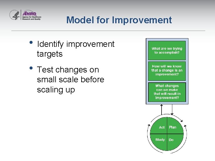 Model for Improvement • Identify improvement targets • Test changes on small scale before