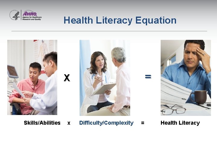 Health Literacy Equation = X Skills/Abilities x Difficulty/Complexity = Health Literacy 