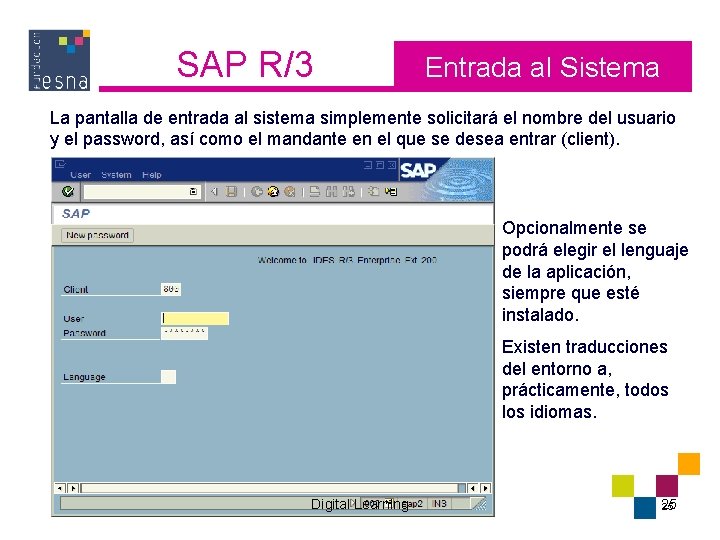 SAP R/3 Entrada al Sistema La pantalla de entrada al sistema simplemente solicitará el