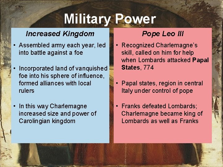 Military Power Increased Kingdom Pope Leo III • Assembled army each year, led into