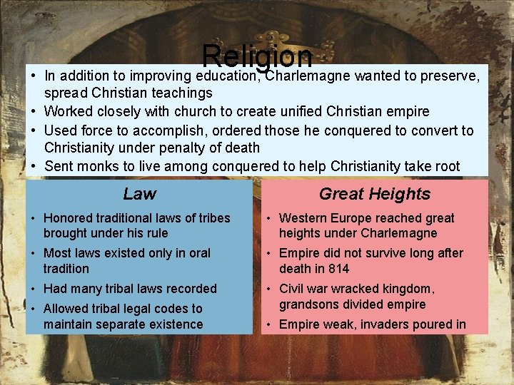 Religion • In addition to improving education, Charlemagne wanted to preserve, spread Christian teachings