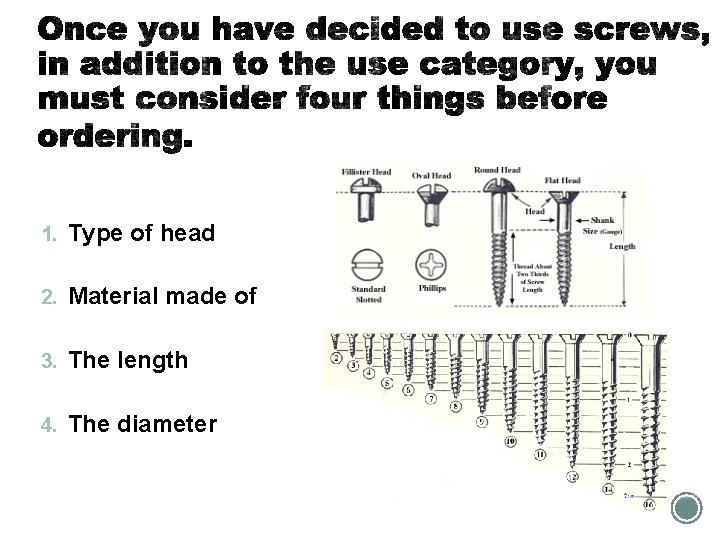 1. Type of head 2. Material made of 3. The length 4. The diameter