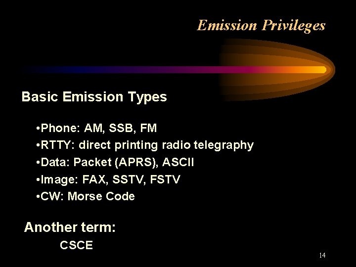 Emission Privileges Basic Emission Types • Phone: AM, SSB, FM • RTTY: direct printing
