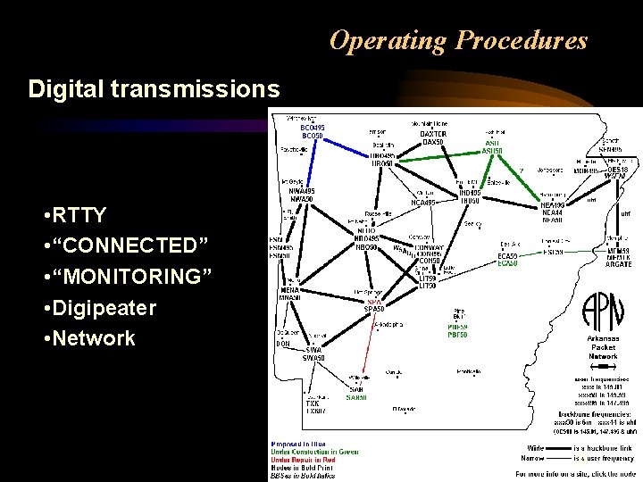Operating Procedures Digital transmissions • RTTY • “CONNECTED” • “MONITORING” • Digipeater • Network