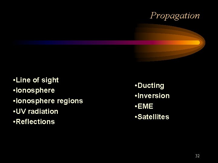 Propagation • Line of sight • Ionosphere regions • UV radiation • Reflections •