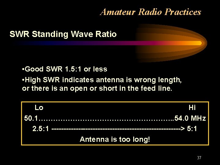 Amateur Radio Practices SWR Standing Wave Ratio • Good SWR 1. 5: 1 or