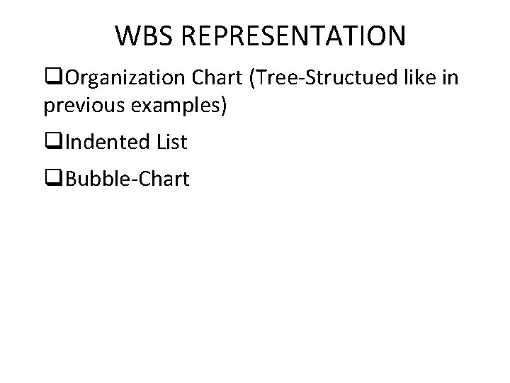 WBS REPRESENTATION q. Organization Chart (Tree-Structued like in previous examples) q. Indented List q.