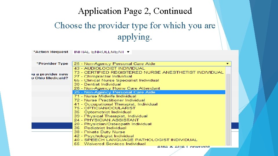 Application Page 2, Continued Choose the provider type for which you are applying. 
