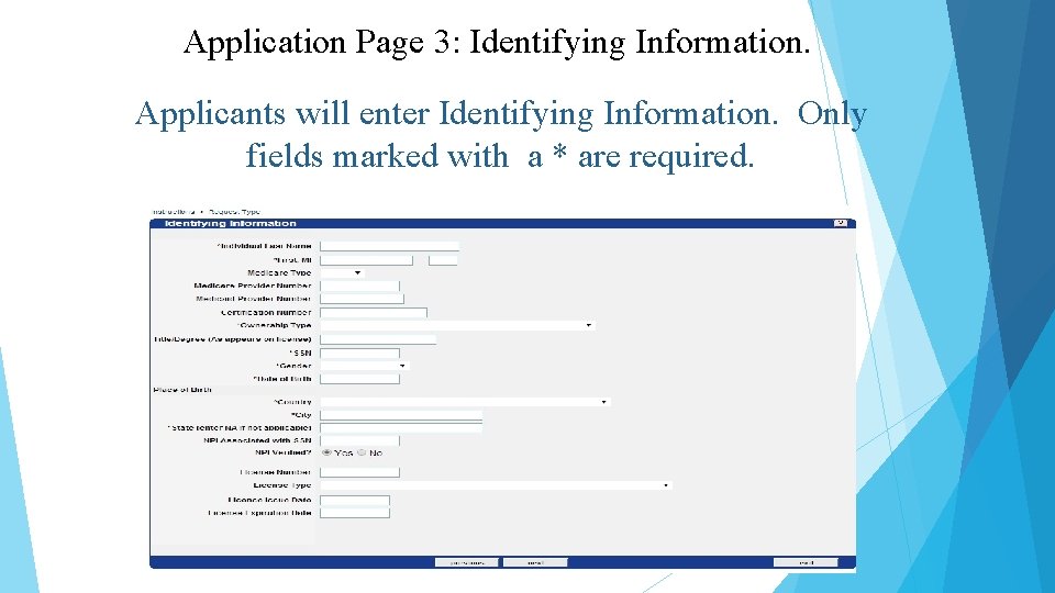 Application Page 3: Identifying Information. Applicants will enter Identifying Information. Only fields marked with