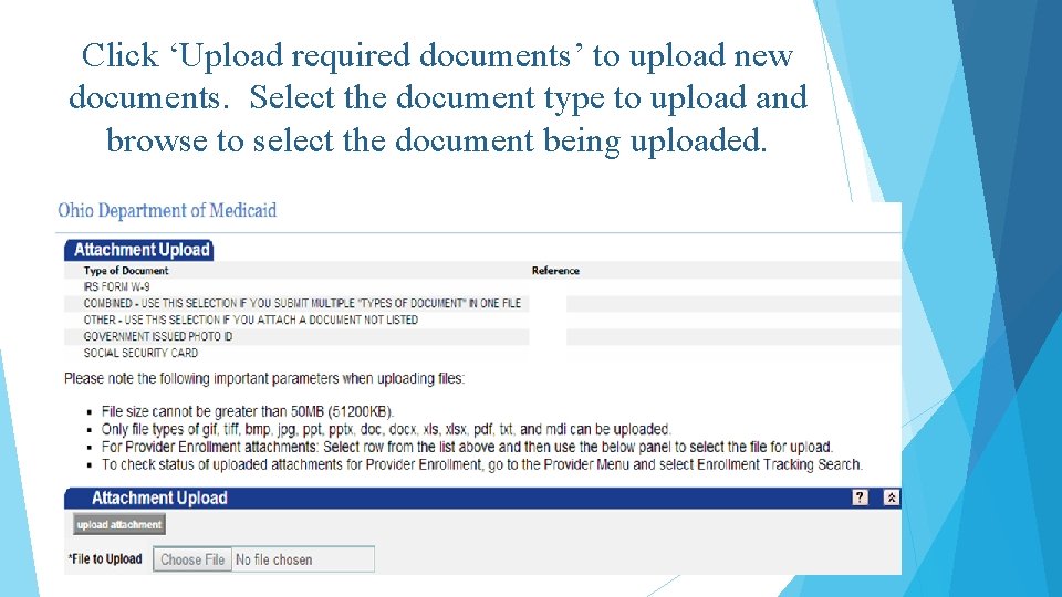 Click ‘Upload required documents’ to upload new documents. Select the document type to upload