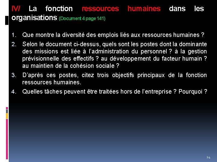 IV/ La fonction ressources humaines dans les organisations (Document 4 page 141) 1. Que